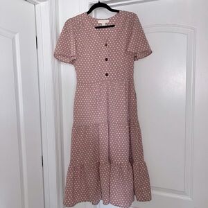 Blush pink polkadot midi dress. V neck with flutter sleeve